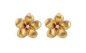 Hawaiian 14k Gold Plumeria Flower Diamond Earrings   SM  