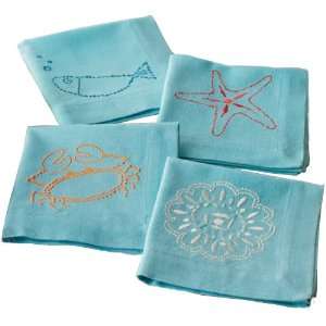   Summer Beach 100 Percent Cotton Embroidered Cocktail Napkins, Set of 4