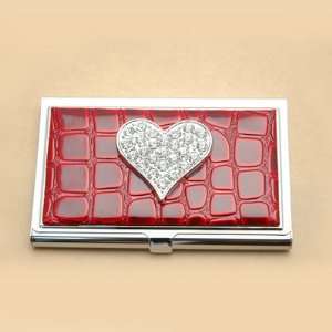  Croco Embossed Face, Heart With Rhinestones Card Case Red 