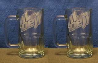 SET OF 2 ETCHED DRINKING CLEAR MUGS, MOUNTAIN DEW LOGOS  