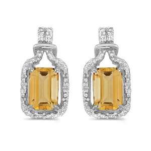  14k White Gold Emerald cut Citrine And Diamond Earrings Jewelry