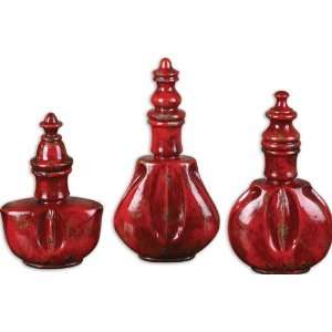   Bottles, S/3 Crackled, Bright Red Ceramic With Aged Black Undertones