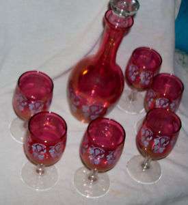 Vintage Decanter Elegant West Virginia Etched Cranberry Glass Wine Set 