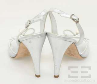 Chanel Silver Metallic Leather Logo Pearl Slingback Heels Size 39.5 
