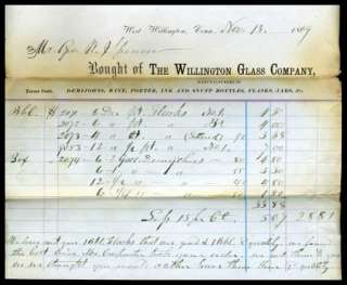    LIQUOR, WILLINGTON GLASS CO. WILLINGTON, CT. BOTTLES, FLASKS, 1869