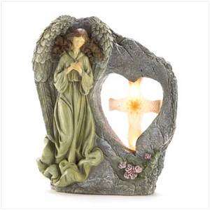   Lighted Praying Angel with Cross Outdoor Tabletop Garden Light Statue