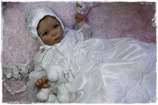 Reborn Baby White French Roses Beaded Lace Gown Dress Bonnet 