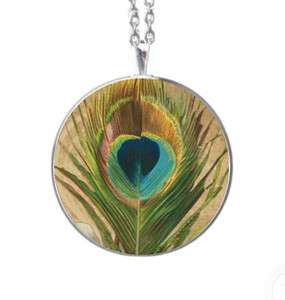   Elegant Peacock Feather Glass Tile Jewelry Necklace Pendant  