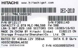 HITACHI HDS5C3020ALA632 2TB P/N 0F12117 MLC MNL580  