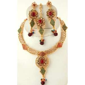 Polki Necklace Set with Faux Ruby and Emerald   Copper Alloy with Cut 