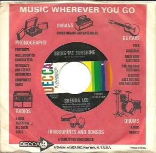 BRENDA LEE 45 Bring Me Sunshine/You Dont Need Me MINT   