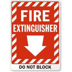Fire Extinguisher Do Not Block (with graphic) (Arrow) Plastic Sign, 14 