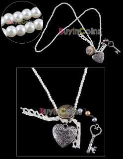 Fashion Peach Heart Pearl Key Bowknot Long Necklace  