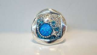   Silver Sterling, Lab Opal & Swarovski Crystal Ring Size 6.5  