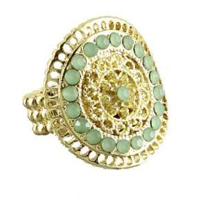 Matte Gold Plated Fashion Stretch Ring with Green Stones in Center For 