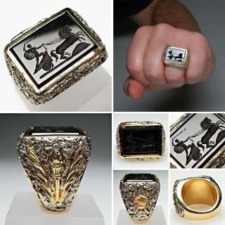 Vintage Mens Roman Chariot Intaglio Diamond Ring Solid 14K Gold