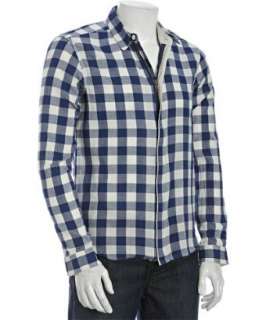 Alternative Apparel navy gingham cotton front zip shirt   up 