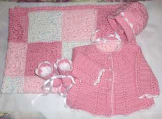   PINK & WHITE BABY SWEATER SET & AFGHAN  BLOCK PATTERN blanket  