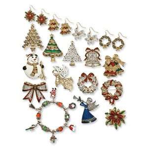  20pc Holiday Pins, Earrings & Bracelet Set Jewelry