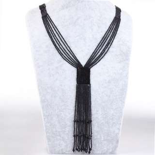 Multi Black Small Bead Beaded Strand Chain Tassel Pendant Necklace For 