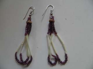 Native American Porcupine Quil Earrings Amythest & Leather  