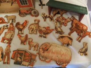 VINTAGE TOY WOODEN BARN, OUT BUILDINGS & FARM ANIMALS  