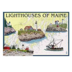 Lighthouses of Maine   Nautical Chart Travel Premium Poster Print 
