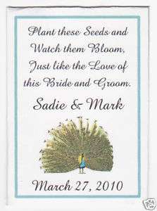 Personalized Custom Peacock Feathers Wedding Seed Packets Favors Bird 