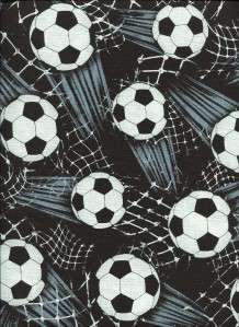 LG FLYING SOCCER BALLS NETS ON BLACK Cotton Fabric BTY for Quilting 