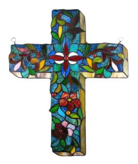 Stained Glass Flowered Cross Wall Hanging Christian  
