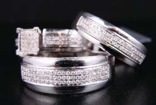LADIES + MENS WEDDING BAND ENGAGEMENT DIAMOND TRIO SET  