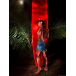 Portrait of Woman Standing Next to a Big Surf Board, Hawaii Stretched 