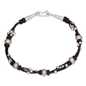   Silver Brown Cotton Waxed Thread Bracelet with Silver Beads Jewelry