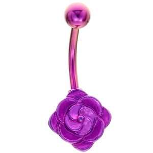   Purple Flowers In Bloom Anodized Titanium Belly Button Ring Jewelry