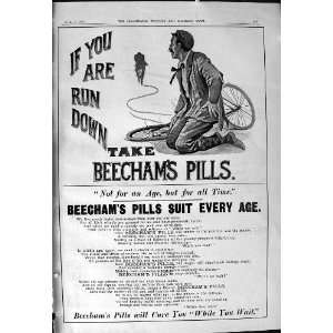   Beechams Pills Man Broken Bicycle Antique Print